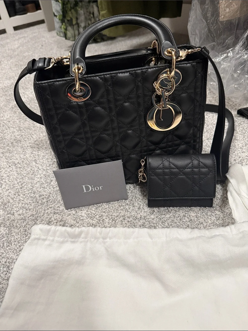 Dior Black Quilted Leather Top-Handle Bag with Gold Hardware and matching wallet
